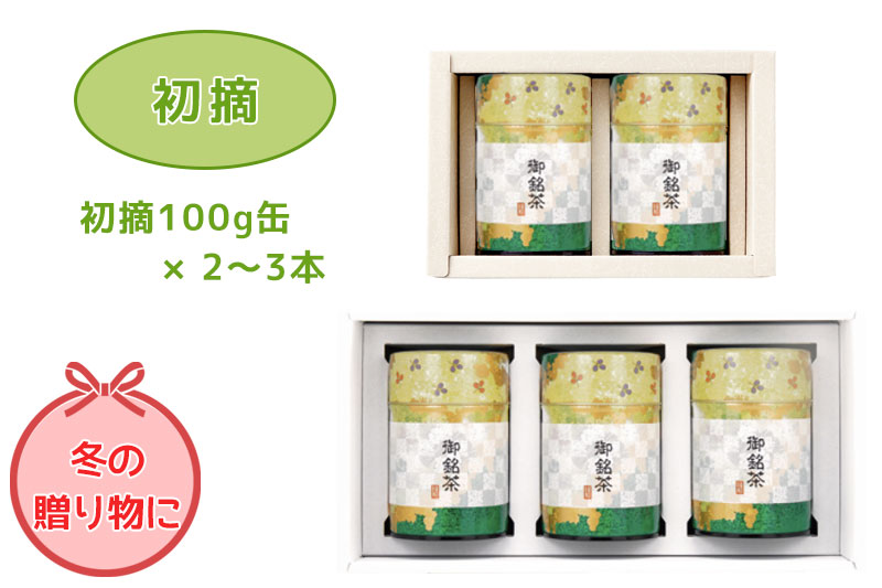 お歳暮 贈答用お茶（静岡茶・牧之原茶）一番人気！初摘100g缶×2~3本